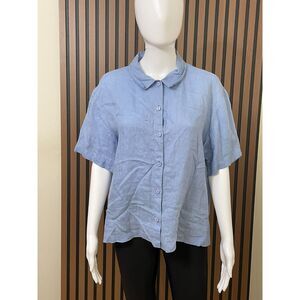 Eileen Fisher Women's L Blue Button-Up 100%Linen Shirt Casual Beach Outdoor Boho